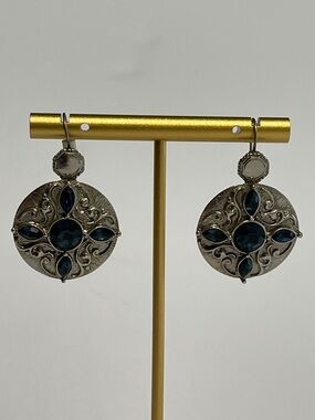 Vintage Y2K ocean blue rhinestone accented pewter toned disk earrings